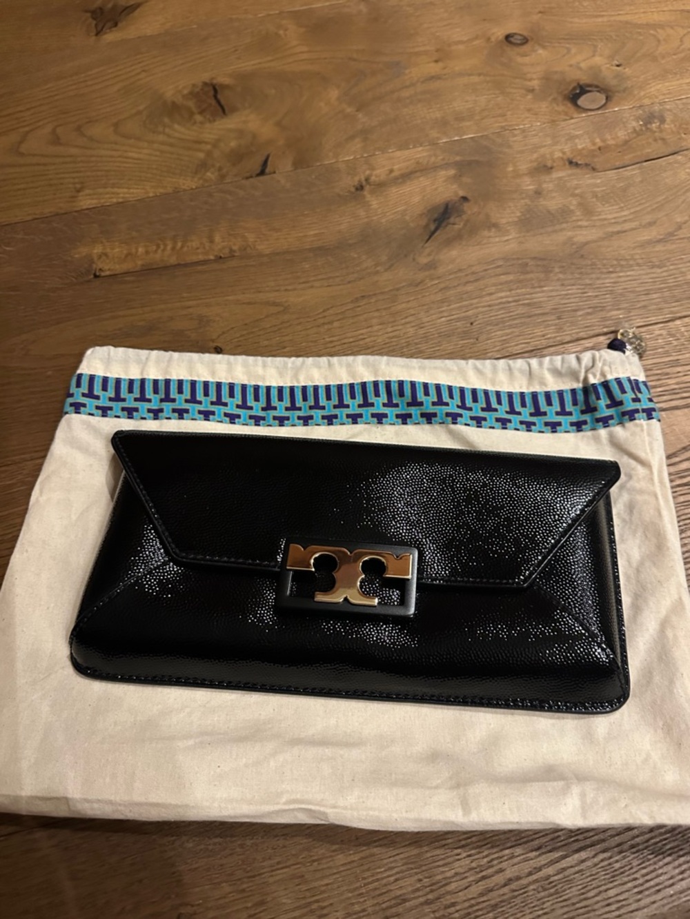 Tory Burch Black Patent Leather Envelope Clutch with Gold Hardware